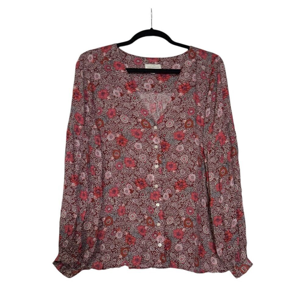 Lucky Brand Floral Bohemian Red Blouse V-Neck Loose Stretchy Tie Sleeve Size XL